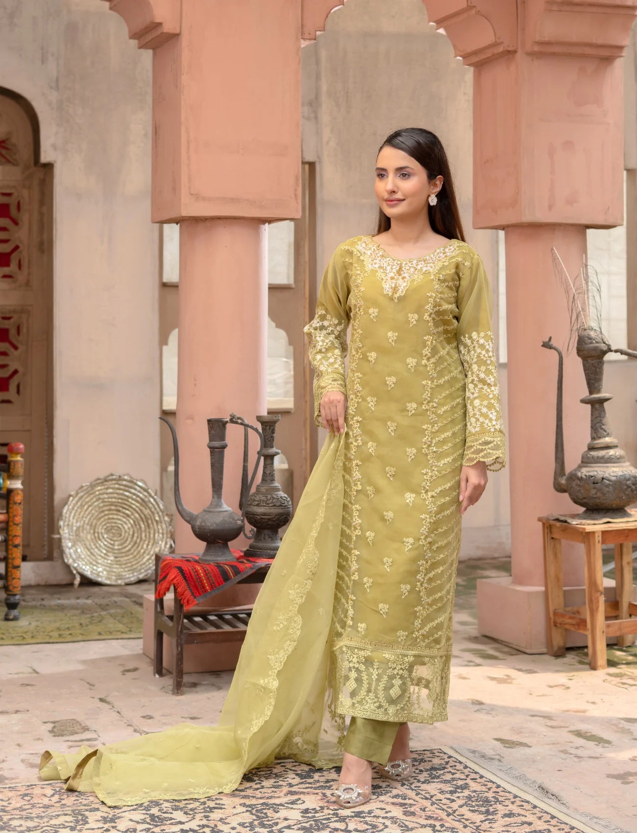 Light Olive Embroidered Organza Suit | Maryam Fashions