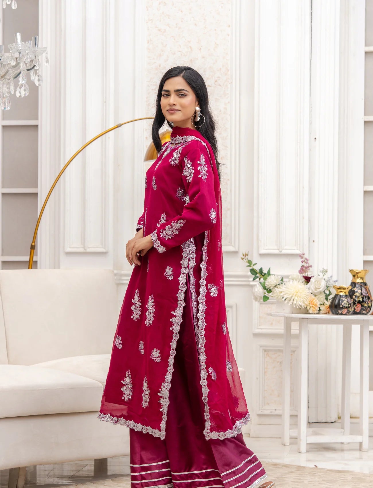 Shocking Pink Chiffon Embroidered Suit  – Maryam Fashions