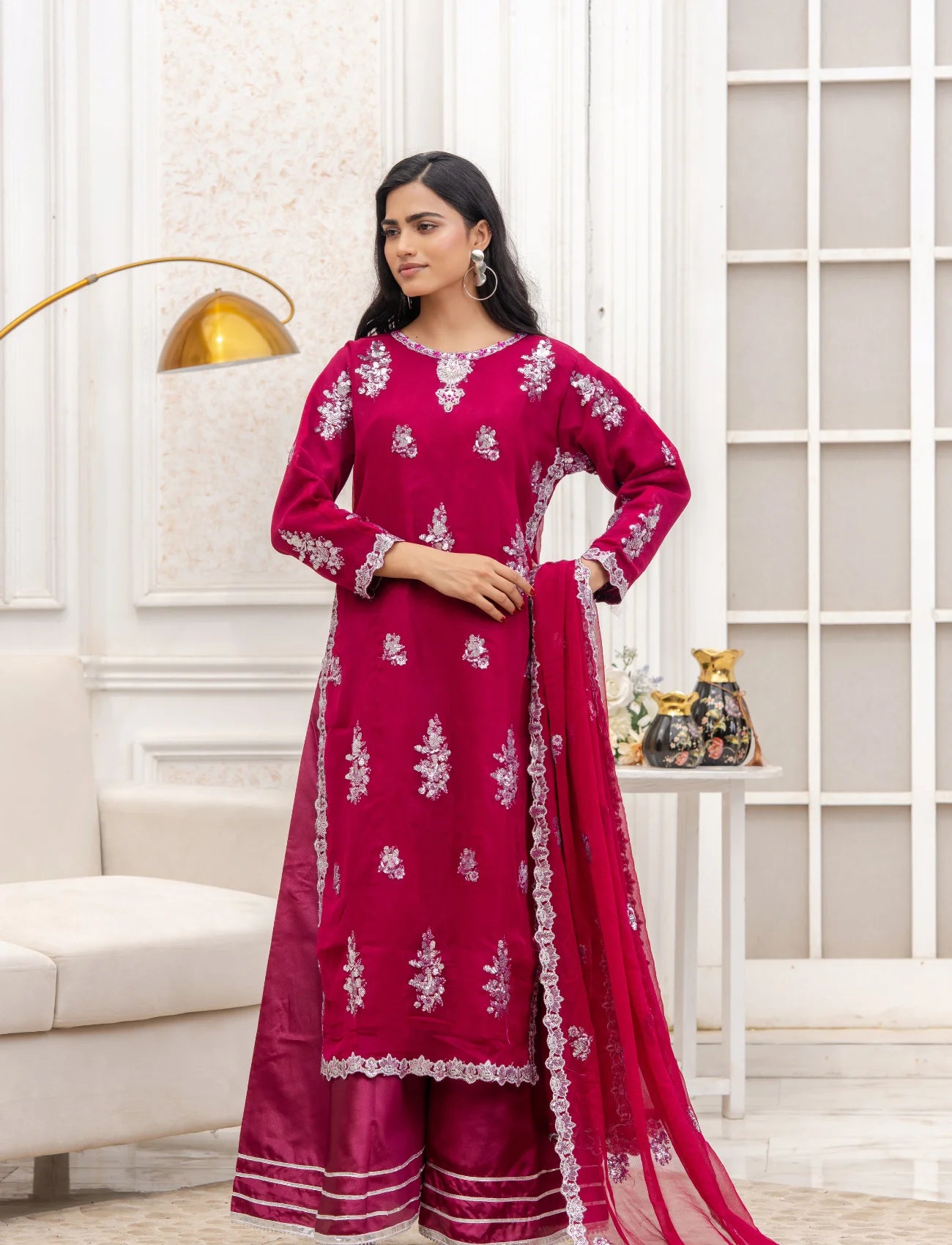 Shocking Pink Chiffon Embroidered Suit  – Maryam Fashions