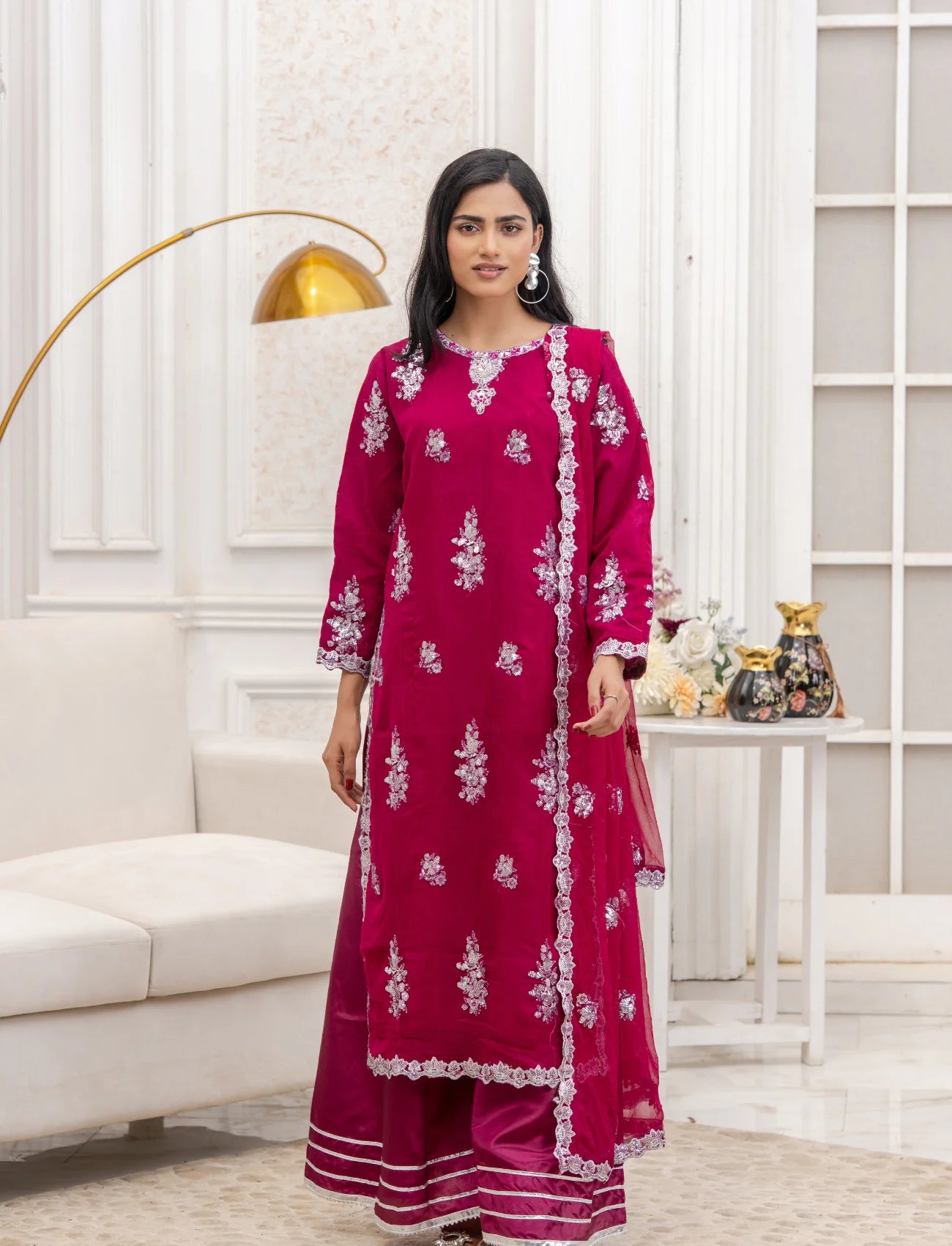 Shocking Pink Chiffon Embroidered Suit  – Maryam Fashions