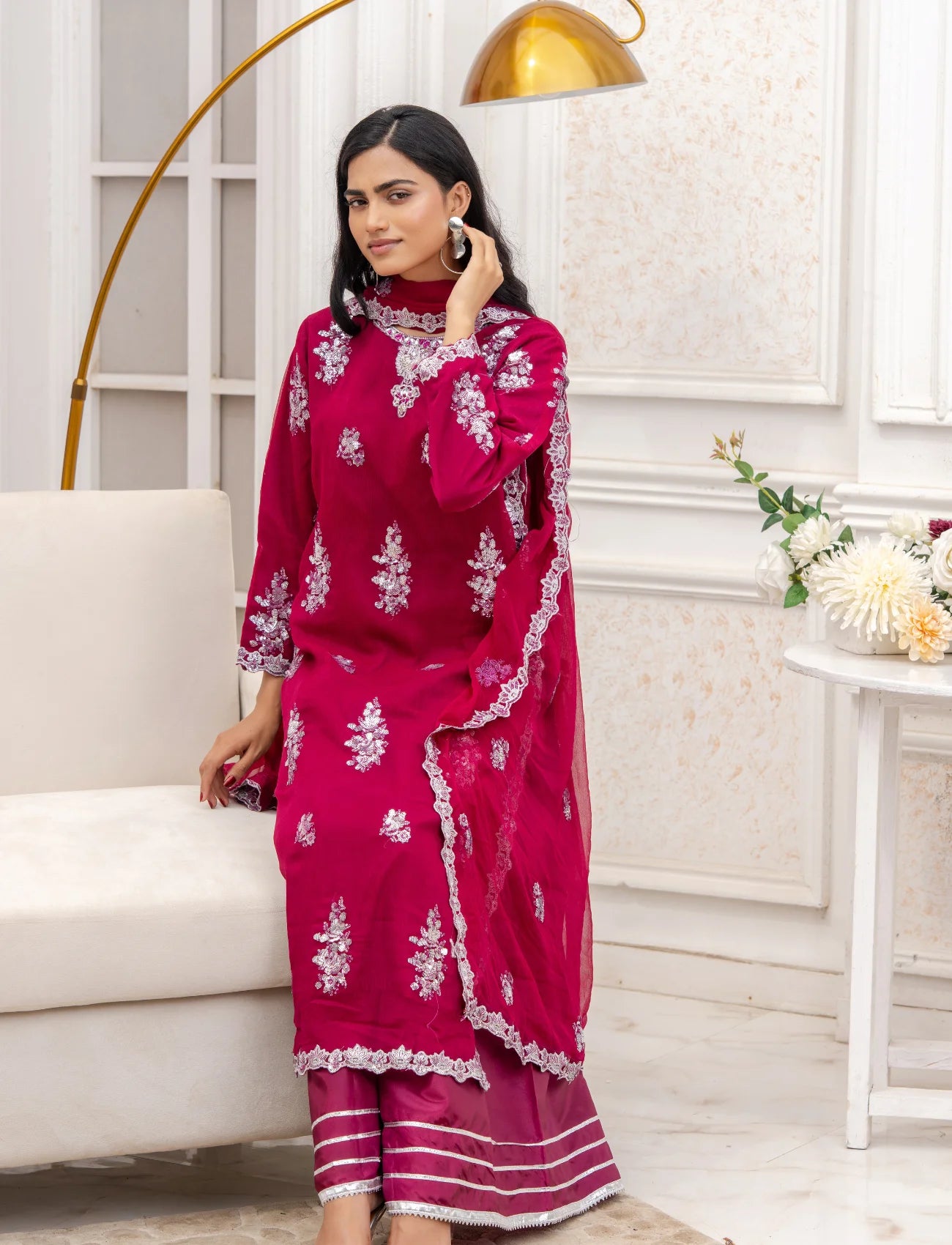 Shocking Pink Chiffon Embroidered Suit  – Maryam Fashions