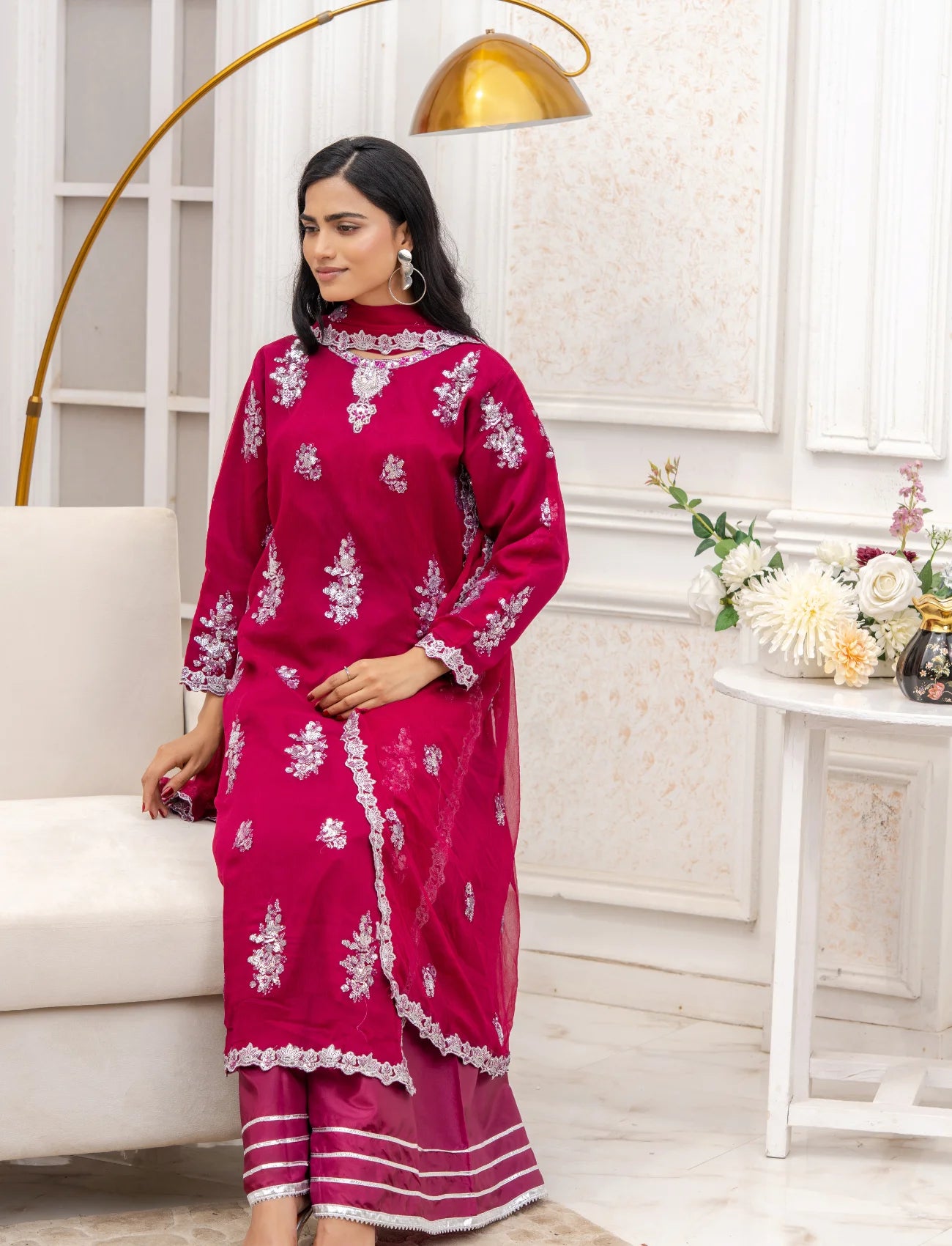 Shocking Pink Chiffon Embroidered Suit  – Maryam Fashions