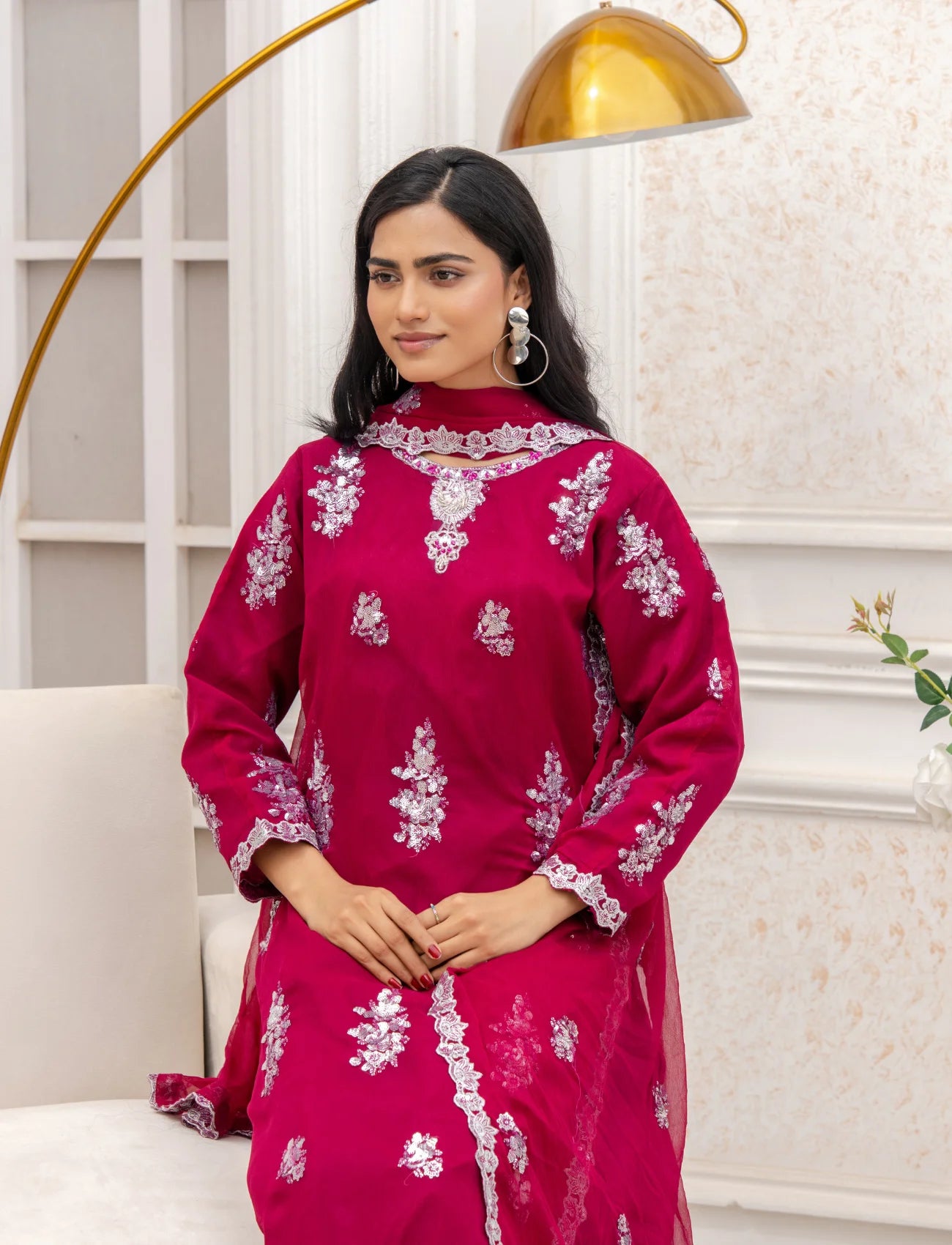 Shocking Pink Chiffon Embroidered Suit  – Maryam Fashions