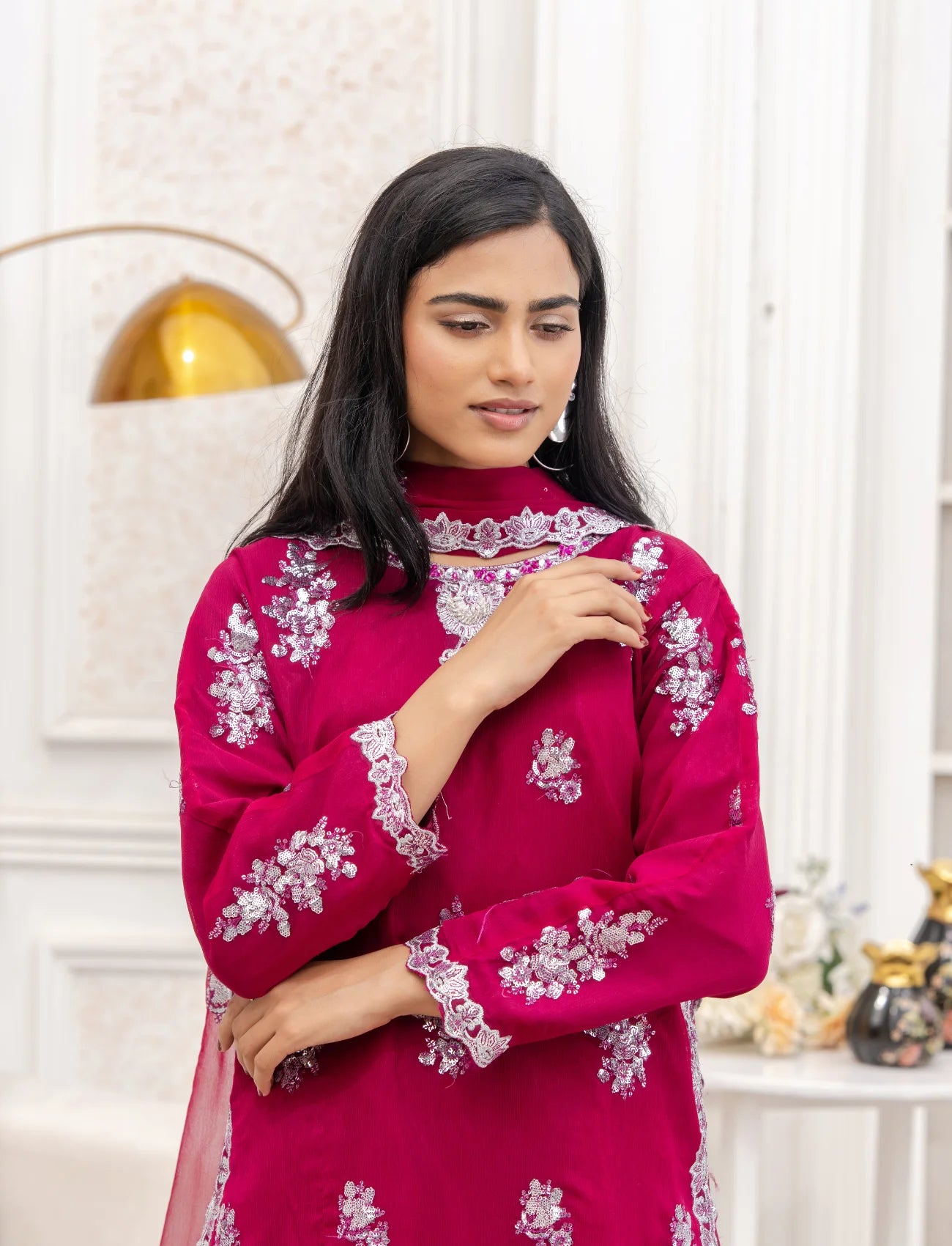 Shocking Pink Chiffon Embroidered Suit  – Maryam Fashions
