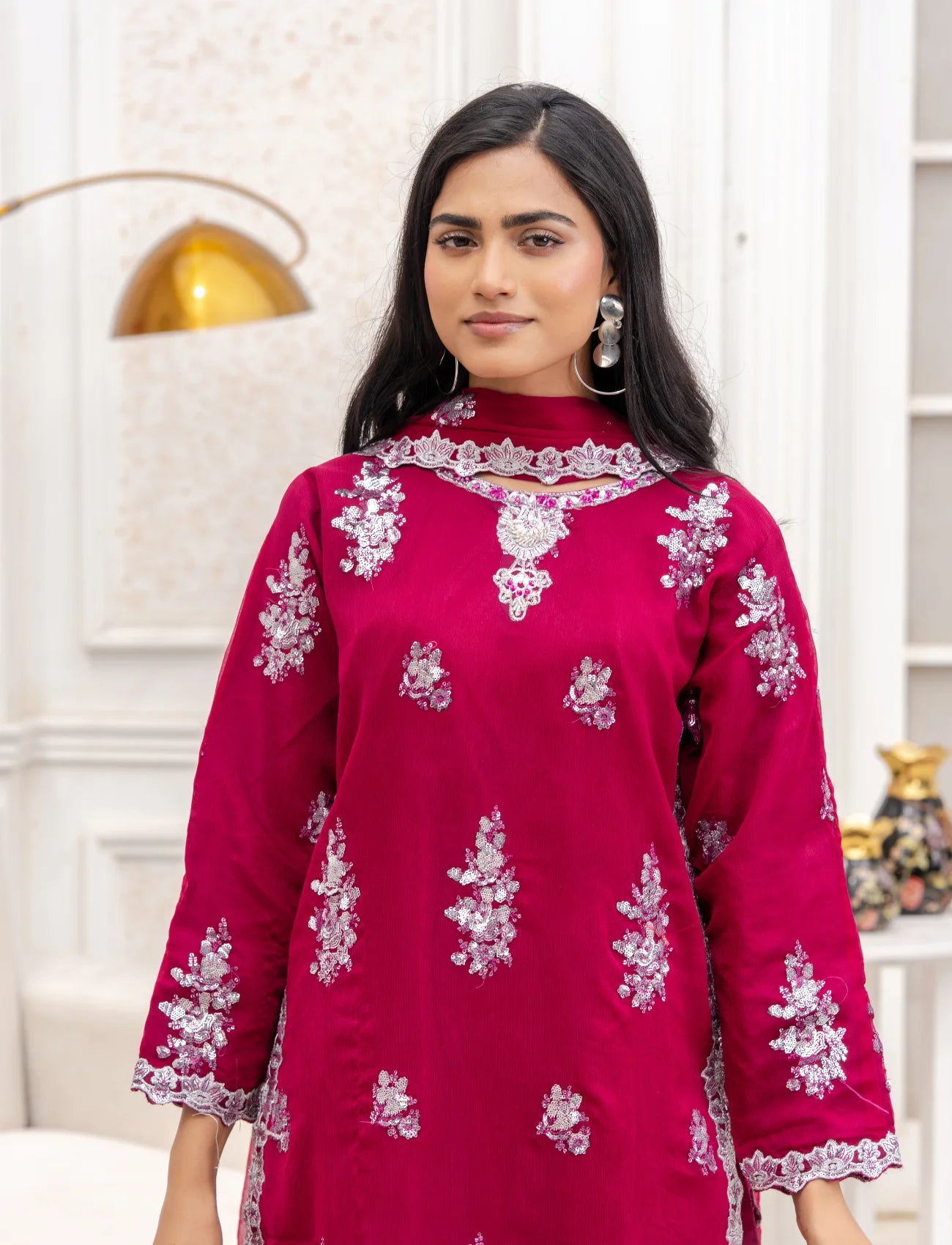 Shocking Pink Chiffon Embroidered Suit  – Maryam Fashions