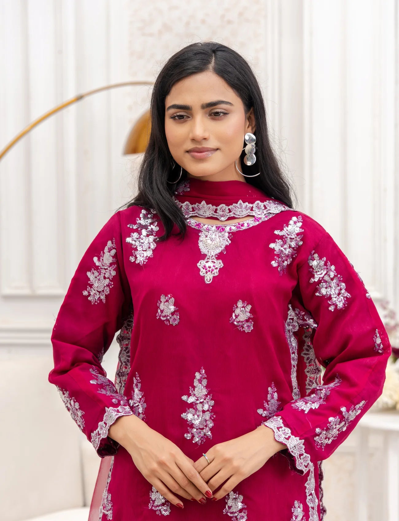 Shocking Pink Chiffon Embroidered Suit  – Maryam Fashions