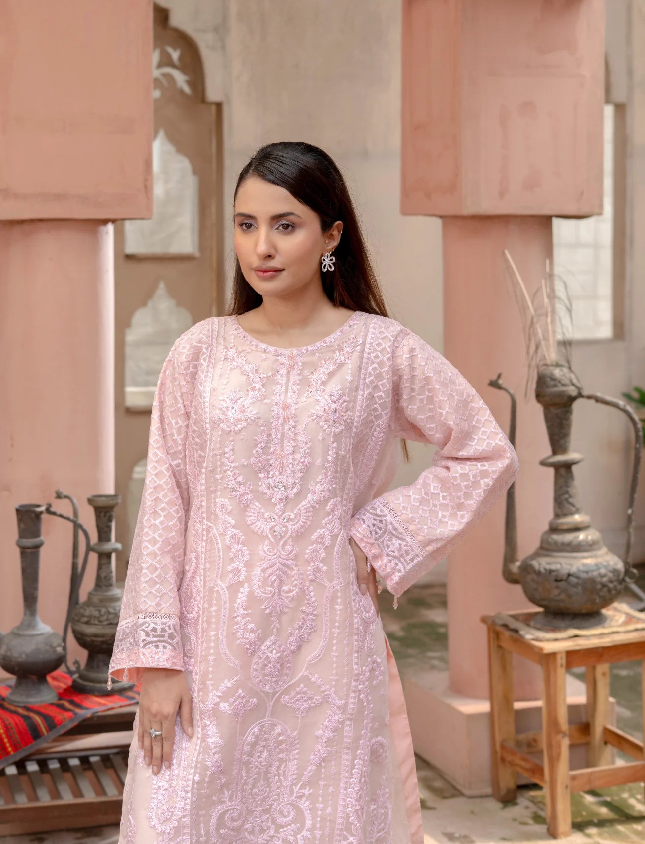 Pink Organza Embroidered Suit | Maryam Fashions
