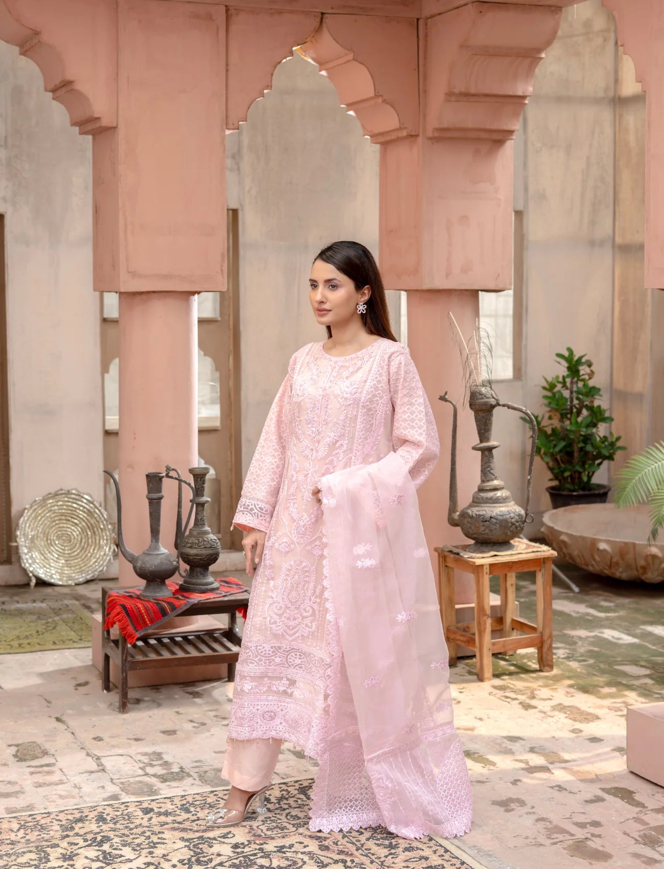 Pink Organza Embroidered Suit | Maryam Fashions