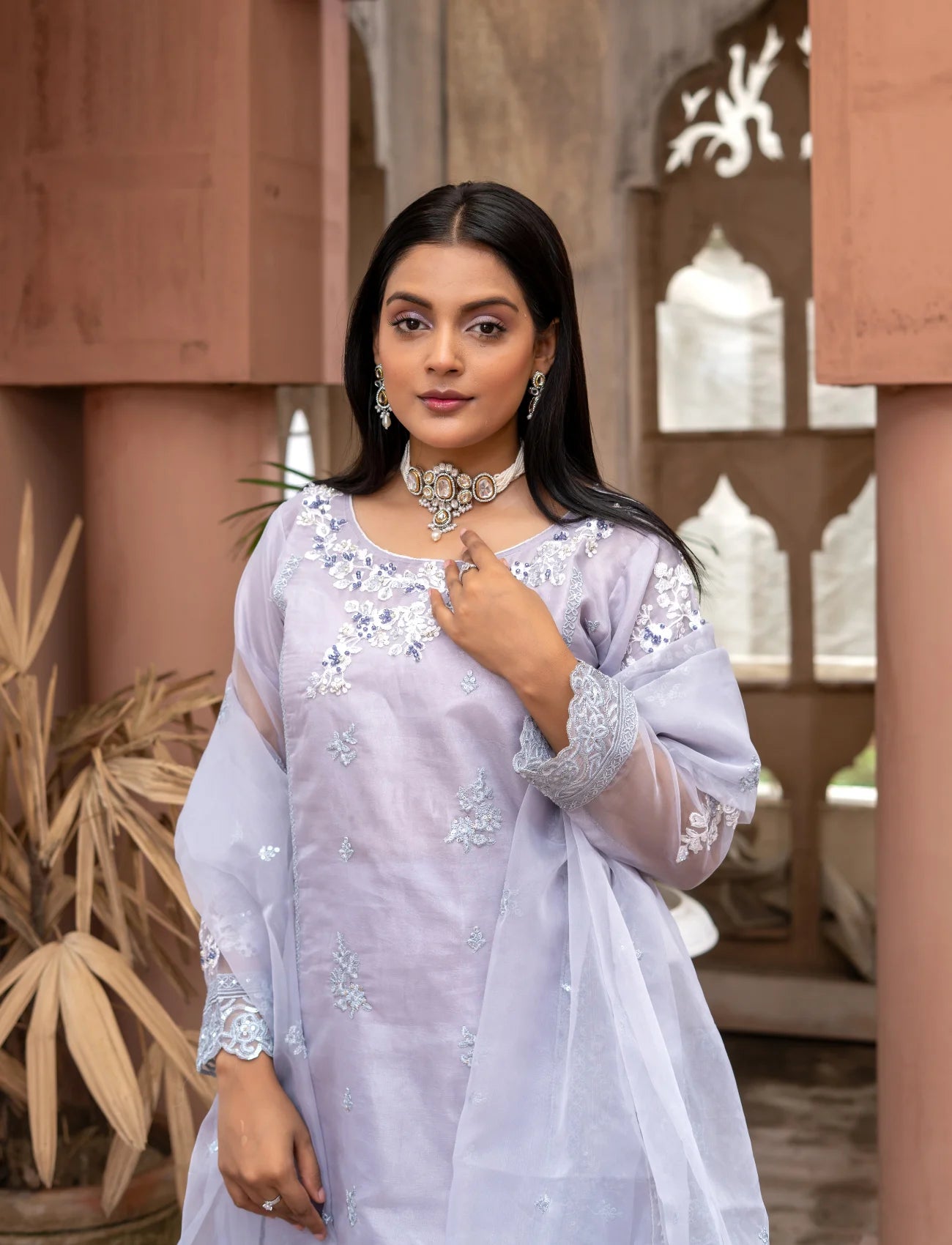 Purple Organza Embroidered Suit | Maryam Fashions