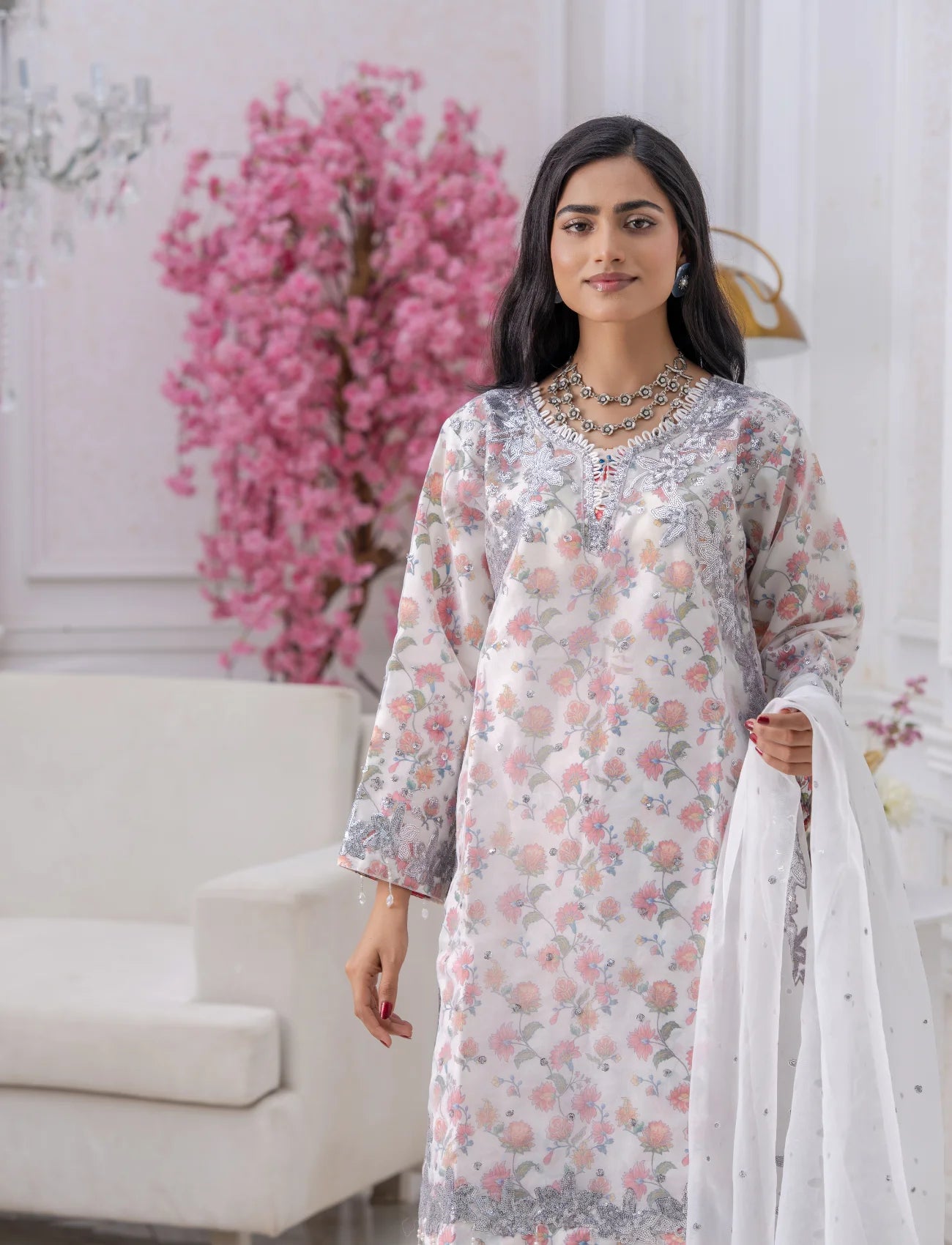 Skin Organza Embroidered Suit Online | Maryam Fashions