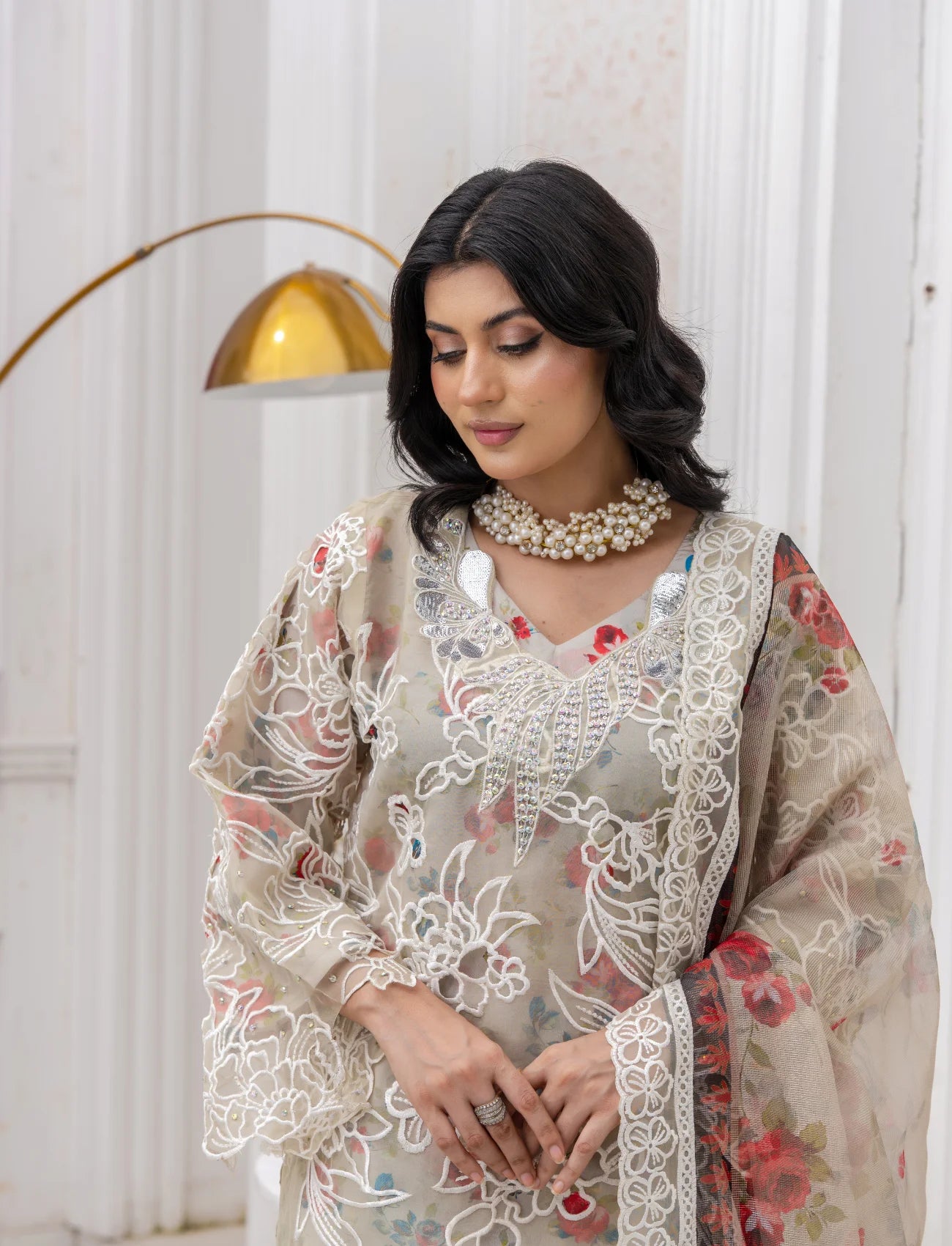 Skin Organza Embroidered Suit Online | Maryam Fashions