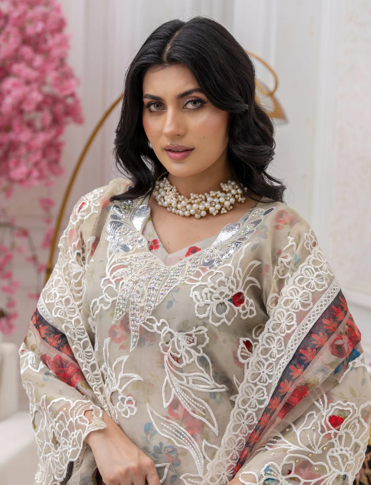 Skin Organza Embroidered Suit Online | Maryam Fashions