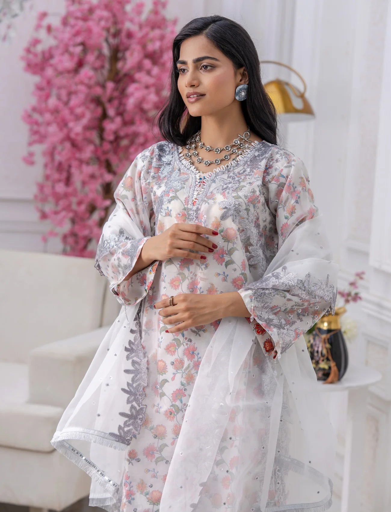 White Organza Embroidered Suit  – Maryam Fashions
