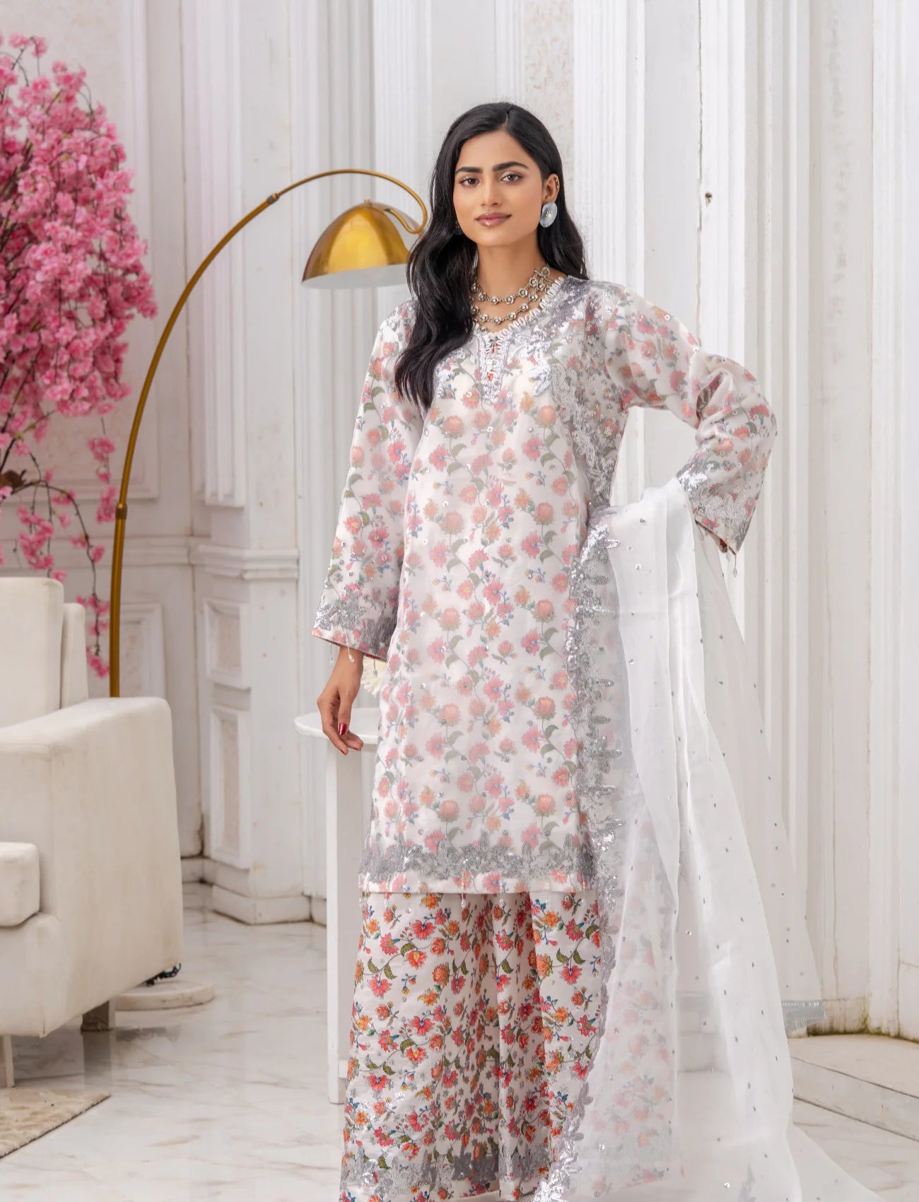 White Organza Embroidered Suit  – Maryam Fashions