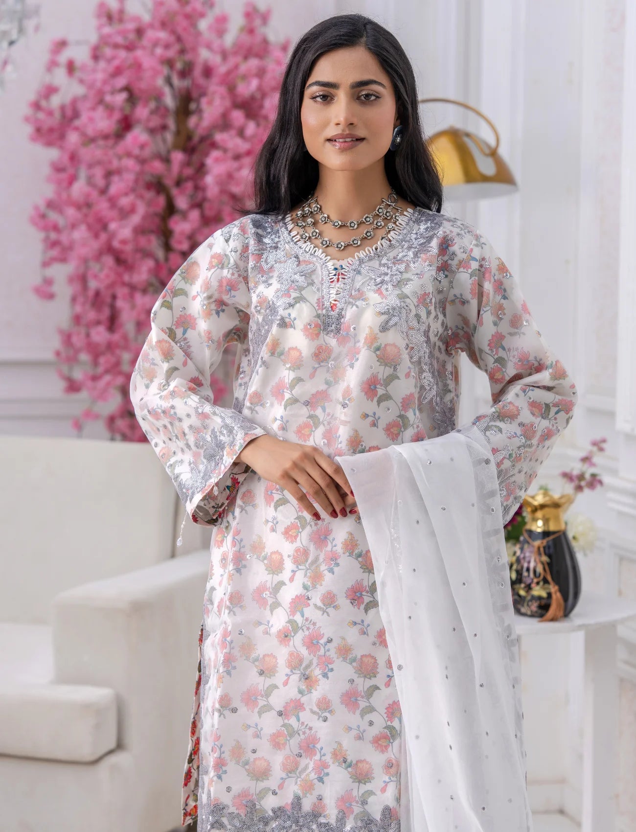 White Organza Embroidered Suit  – Maryam Fashions