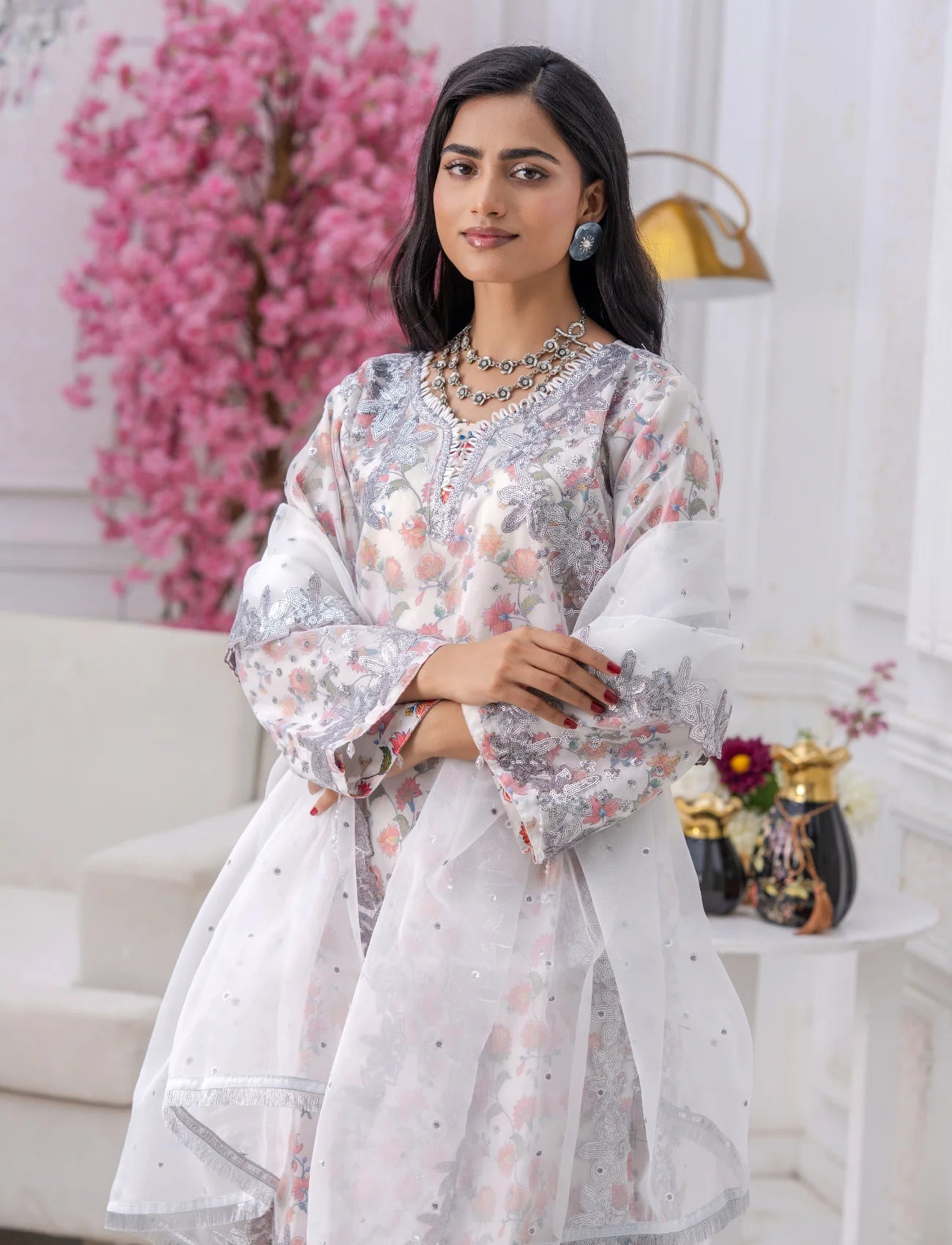 White Organza Embroidered Suit  – Maryam Fashions