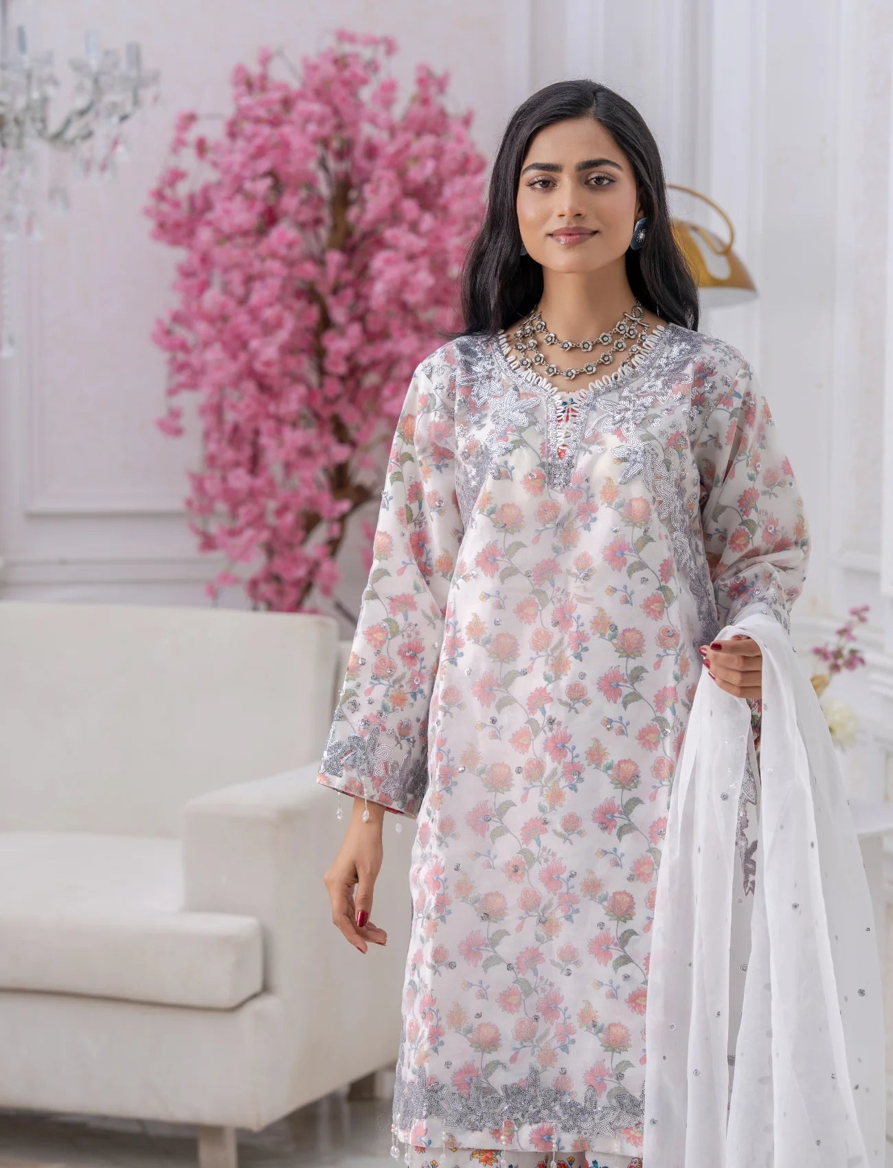 White Organza Embroidered Suit  – Maryam Fashions