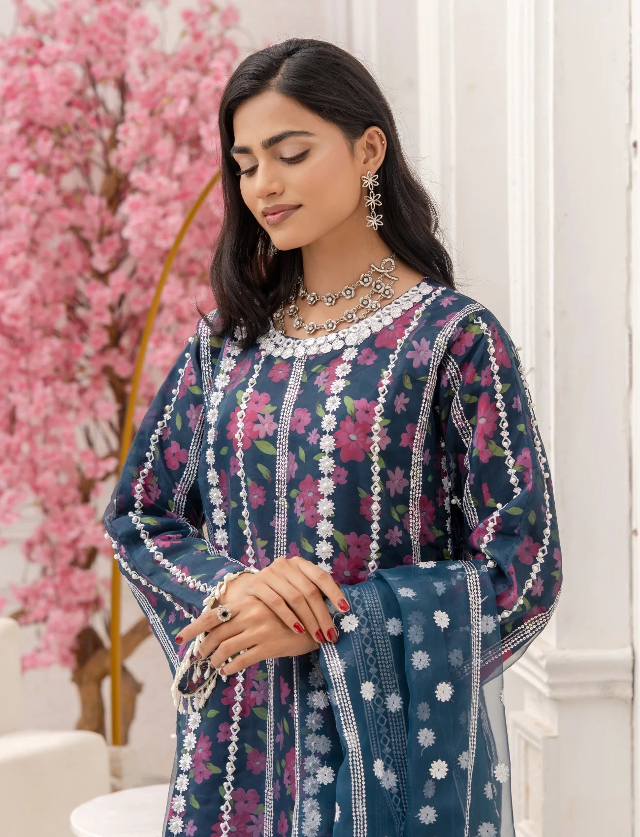 Zink Organza Embroidered Suit with Palazzo – Maryam Fashions