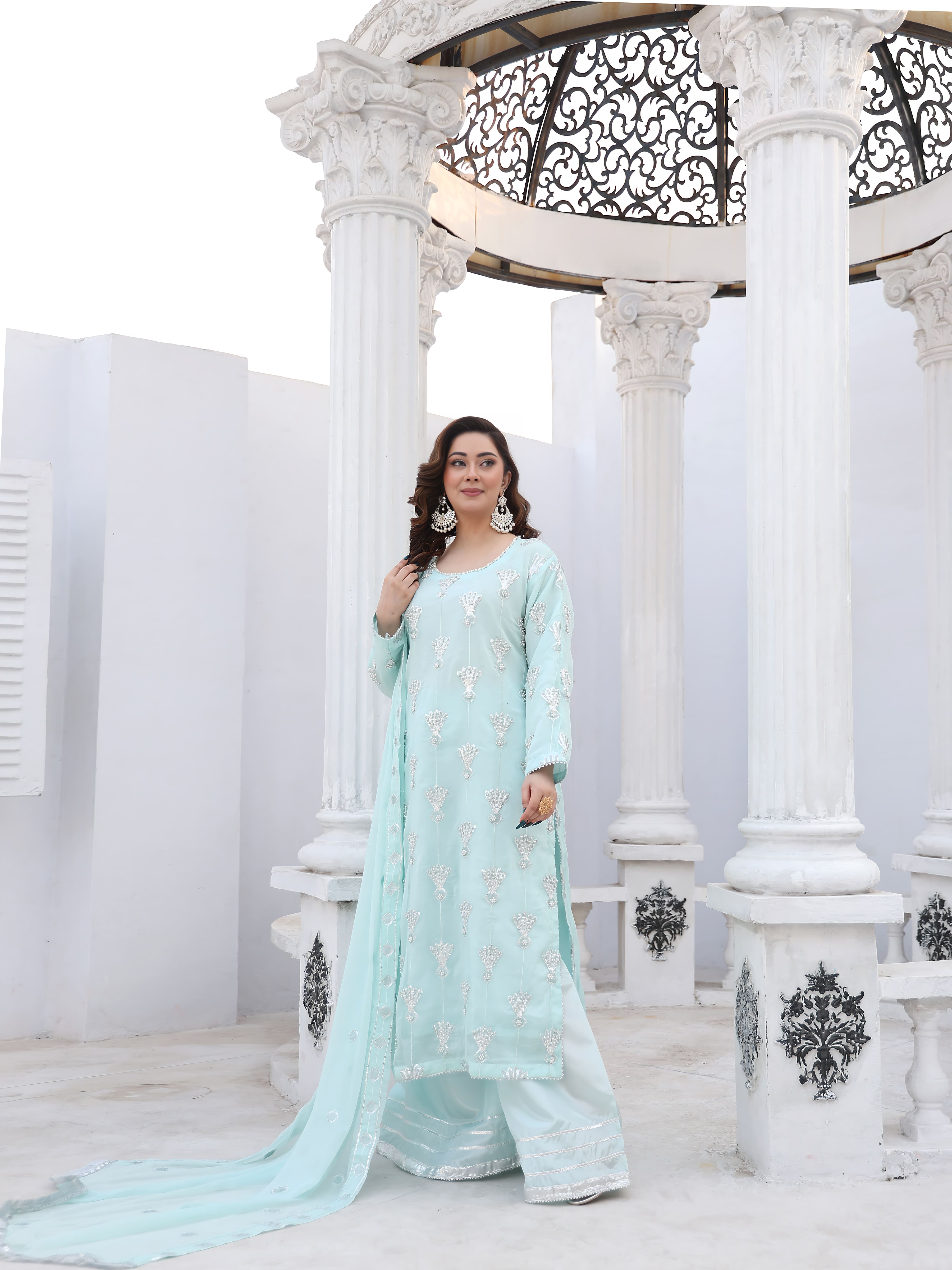 Ice Blue Embroidered Chiffon Suit – Maryam Fashions